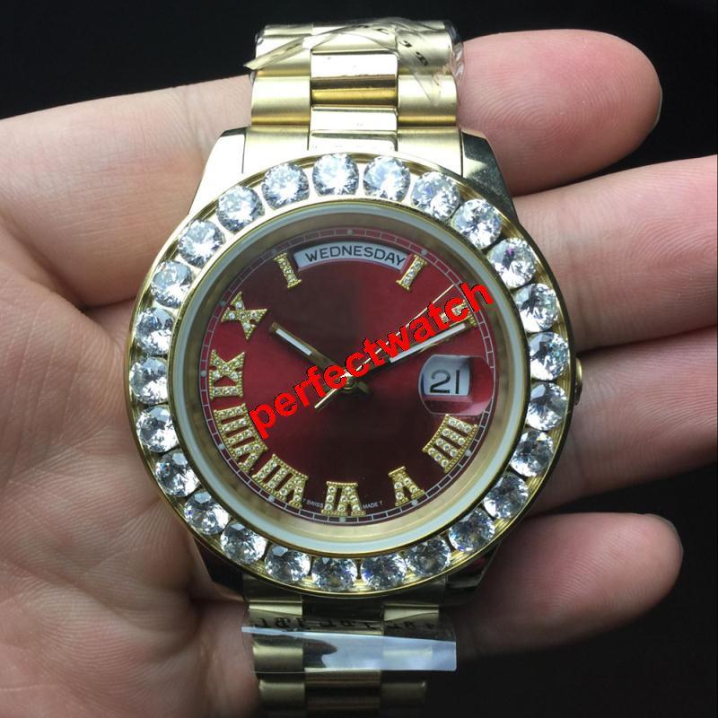 

43 MM hot sale watches men Day-Date Red face diamond watch men automatic high quality sapphire 18K original clasp Mechanical WristWatche., Shipping cost