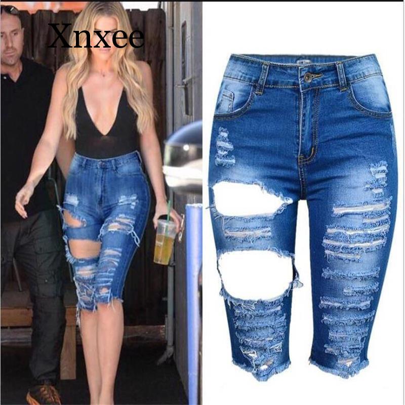 

Large Size Women's Short Jeans Europe Style Vintage High Waist Ripped Denim pants Luxury Slim Casual Short Jeans Knee Length, Blue