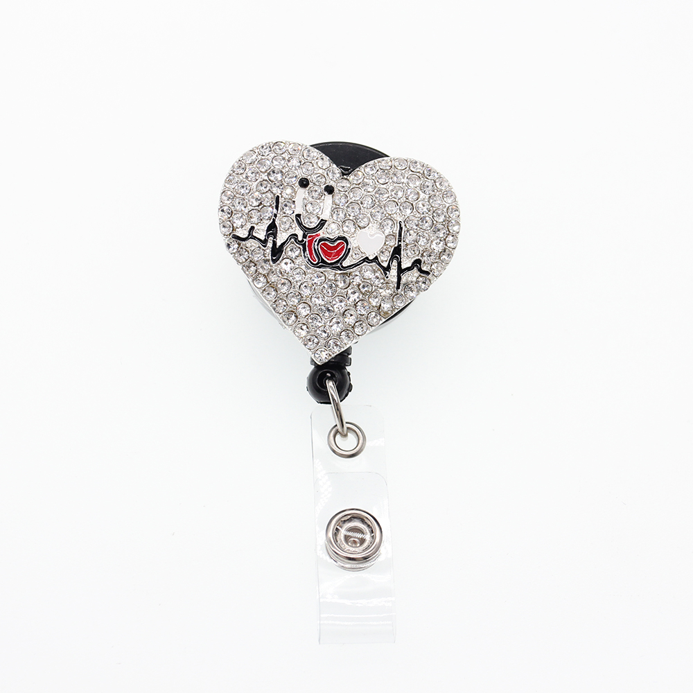 10pcs/lot Sparkly Key Rings Rhinestone Heart Shape Nurse Medical Doctor Symbol Stethoscope Retractable Badge Reel Holder With Alligator Clip-image-452916225