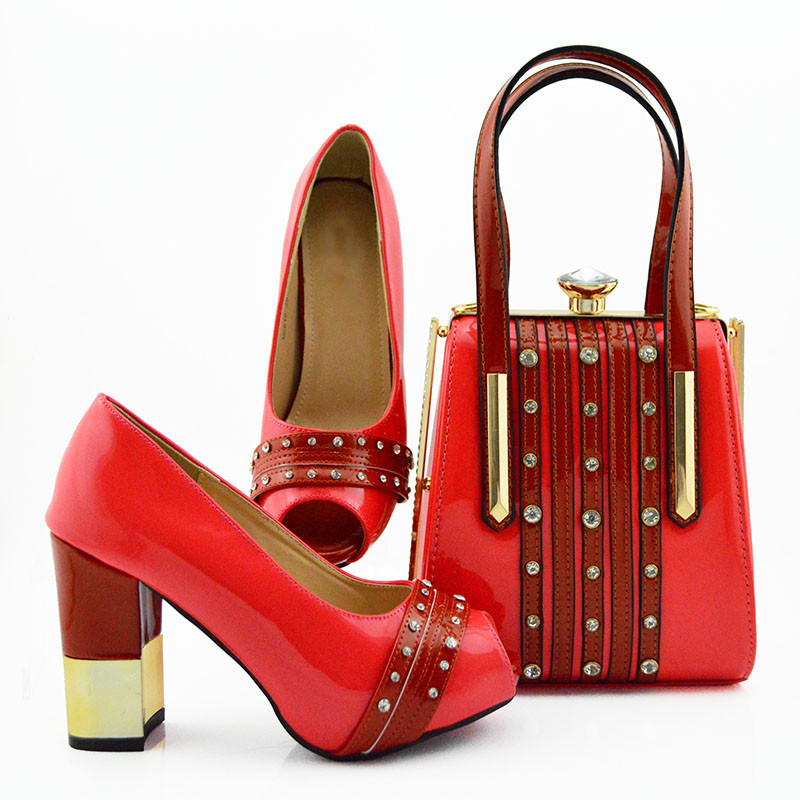 

wonderful coral women cover shoes match handbag with big crystal decoration african pumps and bag set for dress md010,heel 9.5cm, Black