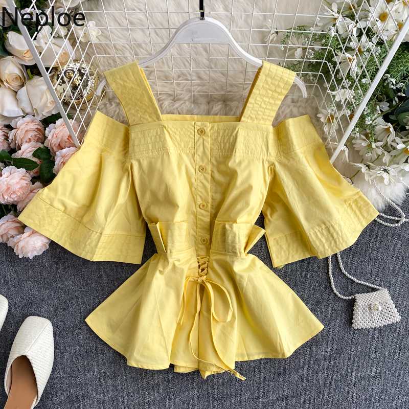 

Neploe Women Blouses Square Collar Hollow-out Sling Top Shirts Flare Short Sleeve Fashion Blusas Mujer De Moda 2020 New 4A770, Black