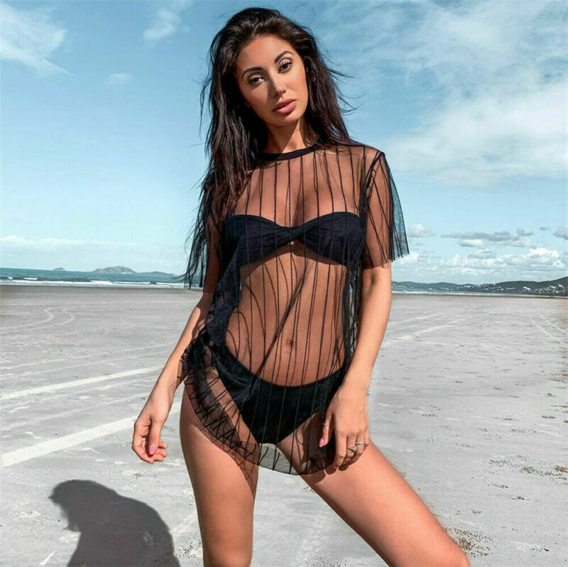 

Women Sexy Mesh Sheer See Through Bikini Cover Ups Swimwear 2020 New Black Striped Swimsuit Bathing Beach Dress Cover Up