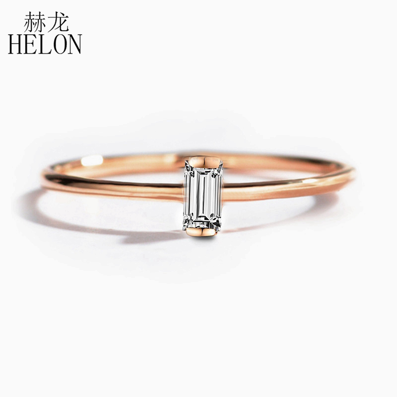 

HELON Solid 14K Rose Gold 0.05CT Baguette Cut SI/H 100% Genuine Natural Diamonds Engagement Ring Women Trendy Fine Jewelry