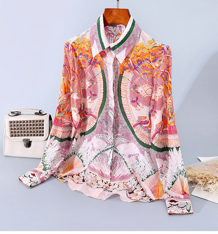 

Spring 2020 for European and American women' wear Long sleeve lapel Fashionable vintage printed silk shirt, Pink