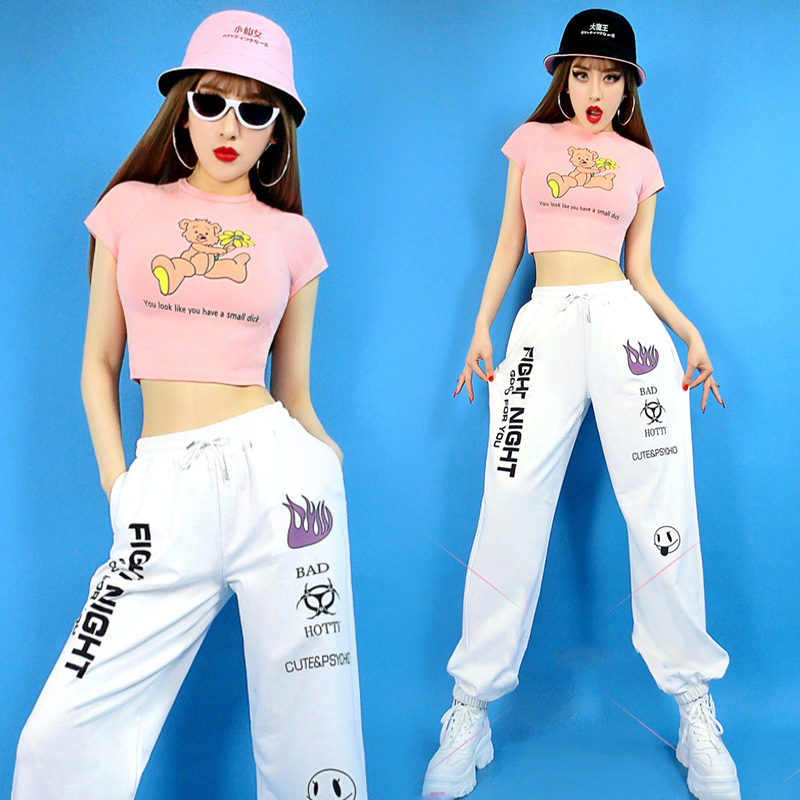 

Stage Outfit Jazz Dance Costumes Girl Pink Short T-Shirt Letter Trousers Hip Hop Clothing Adults Street Dancing Wear DNV13171, Tops