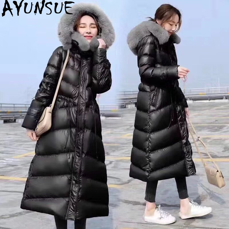 

2019 Women' Down Jacket Long Winter Coat Women Big Fur Collar Hooded Korean Warm Puffer Jacket Chamarras De Mujer WT0029 KJ2599, Black