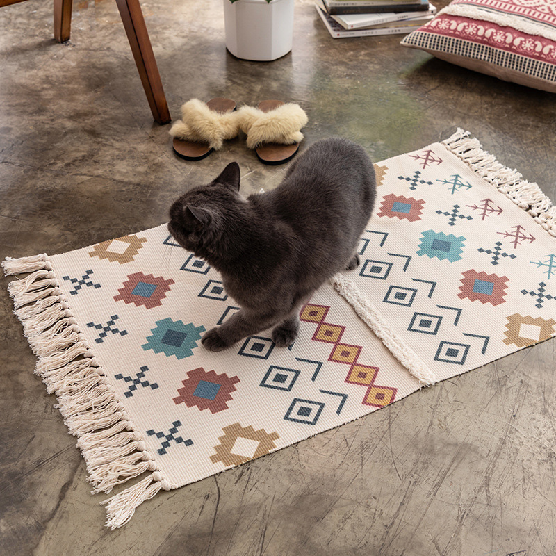 

Cilected Nordic Handmade Tassel Floor Mat Cotton And Linen Entrance Door Mat Living Room Carpet Home Bedroom Bedside Foot, Color3