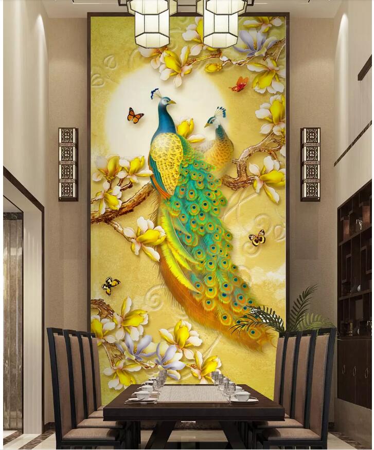 

WDBH 3d wallpaper custom photo Golden magnolia flower peacock porch background room home decor 3d wall muals wallpaper for walls 3 d, Non-woven
