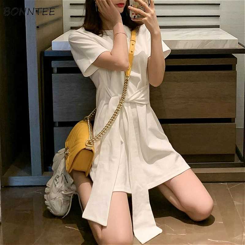 

Dress Women Chic Lace-up Korean Simple Pure Black Summer Elegant Womens Dresses Slim Casual Soft Short Sleeve Ladies Clothing