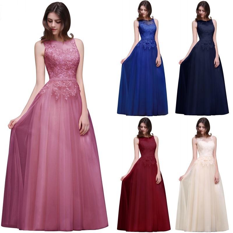 

Under $50 Cheap Bridesmaid Dresses 2020 New Sheer Neck Appliques A Line Floor Length Maid of Honor Gowns Evening Prom Dress CPS494