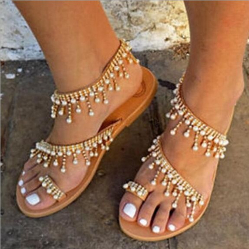 

Young Girls flat sandals Bohemian Pearl String Beach Sandals Women flats Shoes Summer Rome Shoes Thong Sandal SIZE 40 41 42 43, Beige