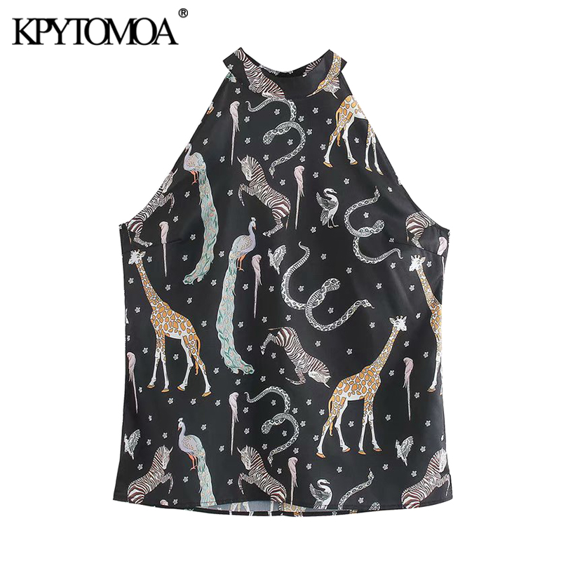 

KPYTOMOA Women 2020 Fashion Animal Print Halter Blouses Vintage Sleeveless Office Wear Female Shirts Blusas Chic Tops, As picture