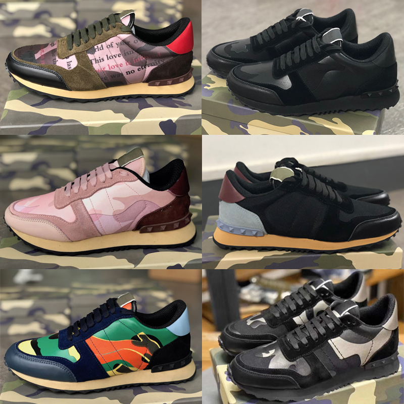 

2020 Fashion Men Camouflage Rockrunner Sneaker Black Green Mesh Fabric Studded Shoes Real Leather Men Women Trainers with Box EU45, Color 4
