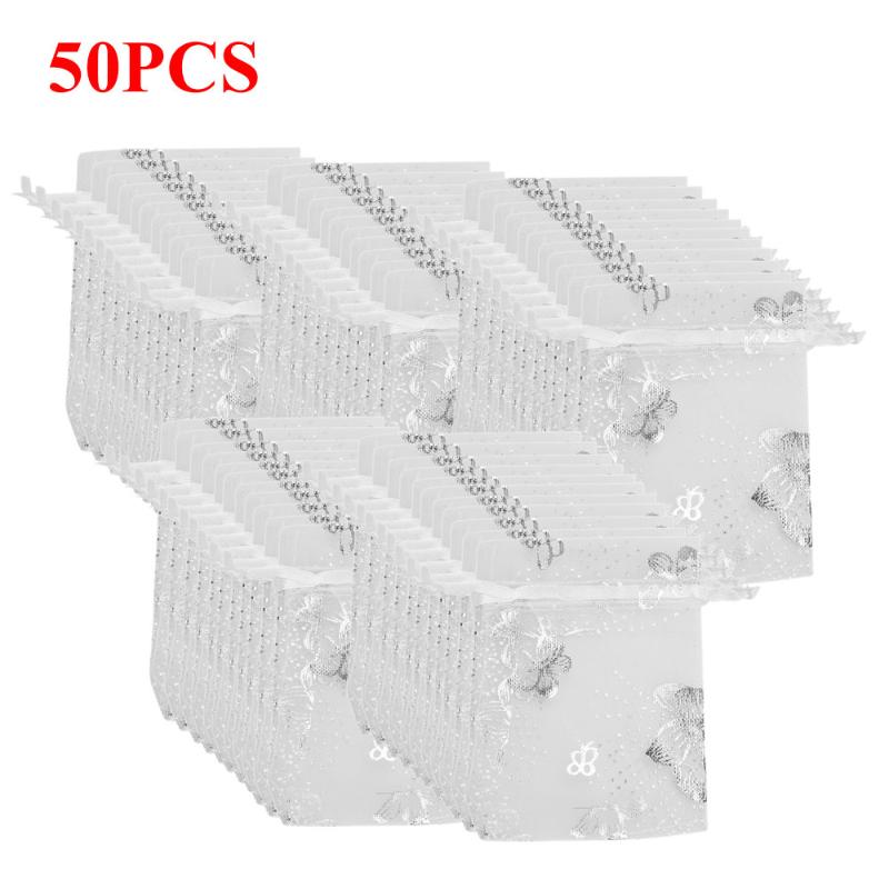 

50pcs/Lot Small White Butterfly Organza Jewelry Gift Candy Bags Drawstring Packing Pouches Christmas Wedding Party Favors 7x8cm