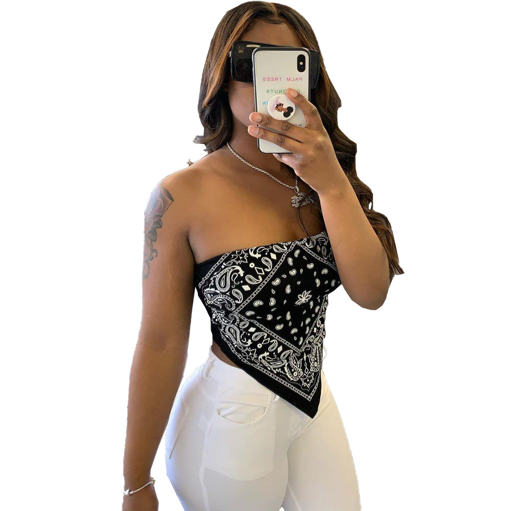 Femmes Stretch Sexy Paisley Imprimer Bandana Sans Manches Mode Casual Club Party Tube Crop Débardeur Chemise