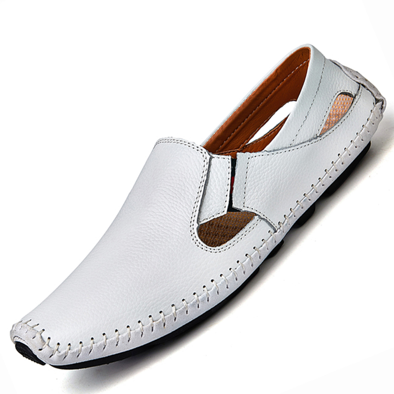 

Men Leather Sandals Designer Driving Shoes Large Size Mens Slippers Casual Slip-on Summer Male Leather Sandals, Brown