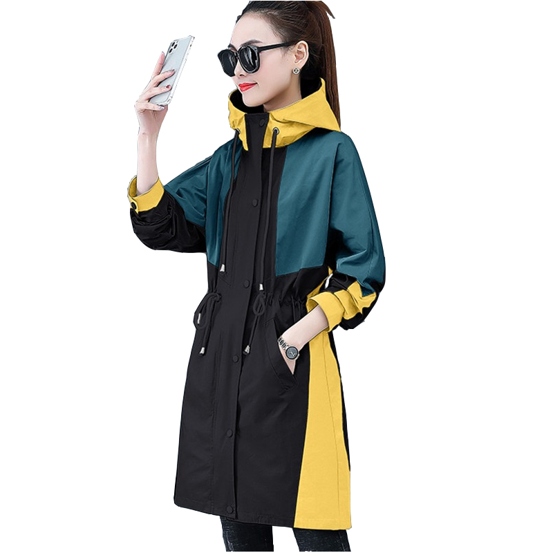 

2020 fashion thin trench coat for women spring autumn hooded outerwear splice long windbreaker student casual top plus size 3234, Black