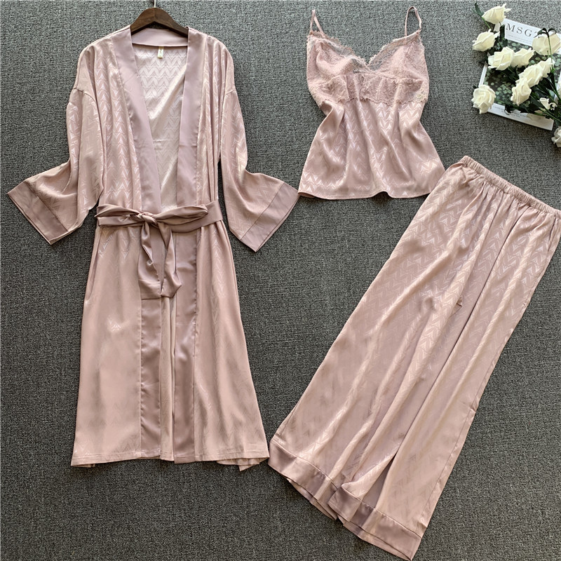 

Smmoloa V Neck Spring Autumn Silk Pajamas for Woman Sexy women Lace pajamas Set Three-piece Suit, Green
