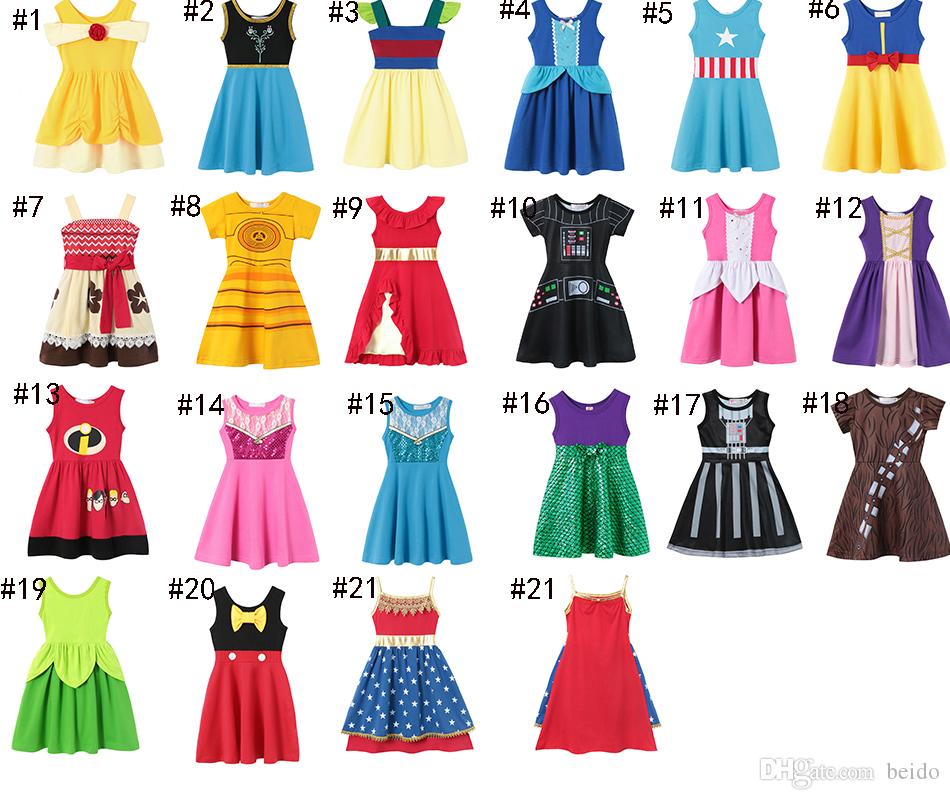 

21 style Little Girls Princess Summer Cartoon Children Kids princess dresses Casual Clothes Kid Trip Frocks Party Costume free ship, Multi-color