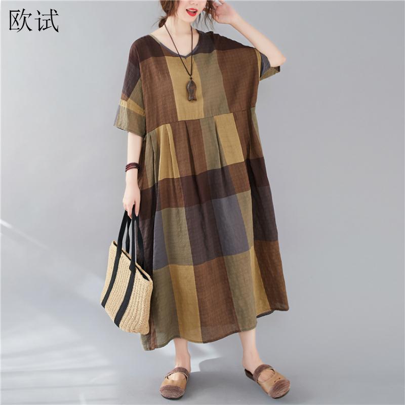 

Plus Size Plaid Vintage Casual Summer Dress 2020 Ladies Dresses for Women 4XL 5XL 6XL Long Woman Cotton Oversized Dress Vestidos, Khaki dress