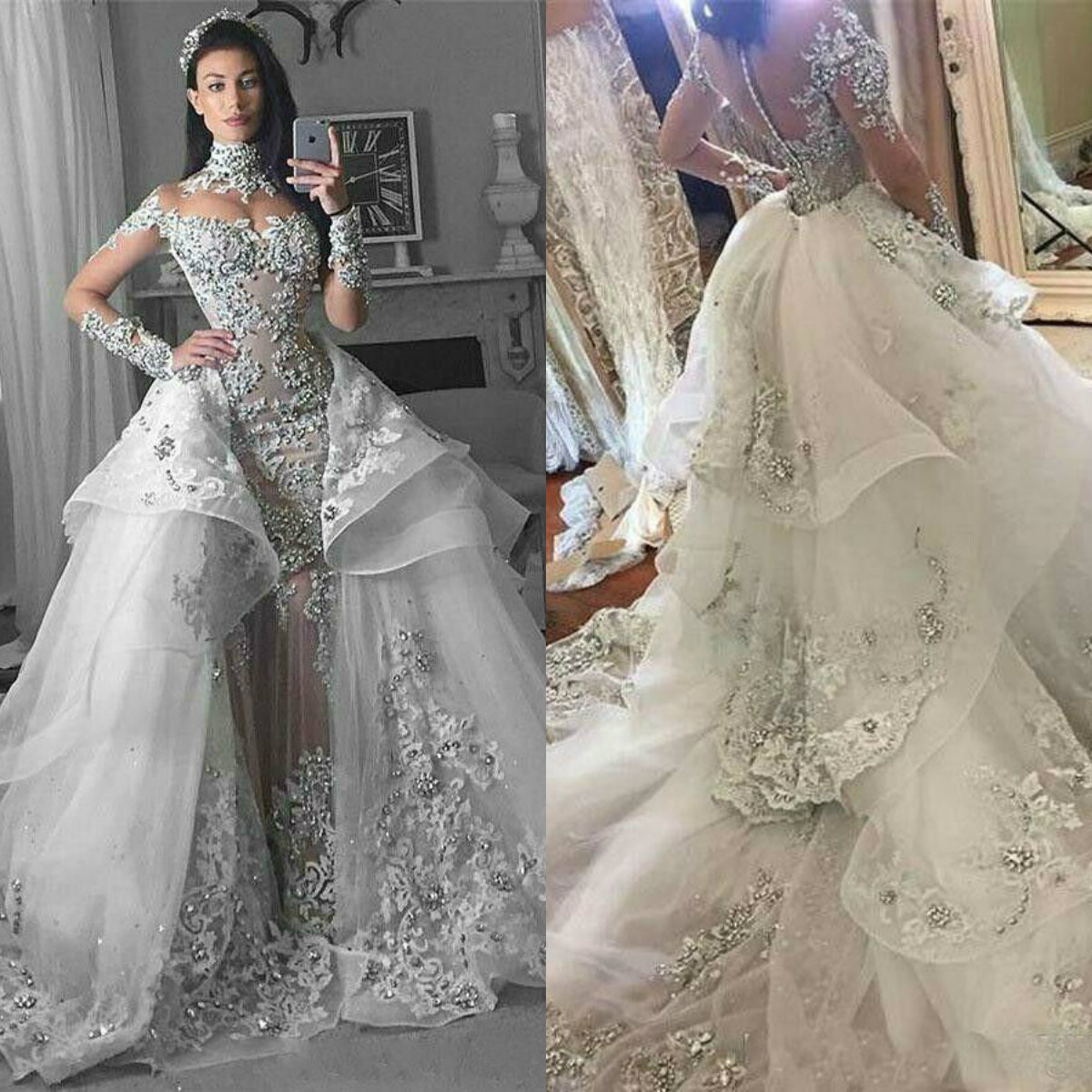 

Luxury Crystals Wedding Dresses with Detachable Train High Collar Long Sleeve Wedding Dress Arabic Dubai Vintage Vestido De Novia, Gold
