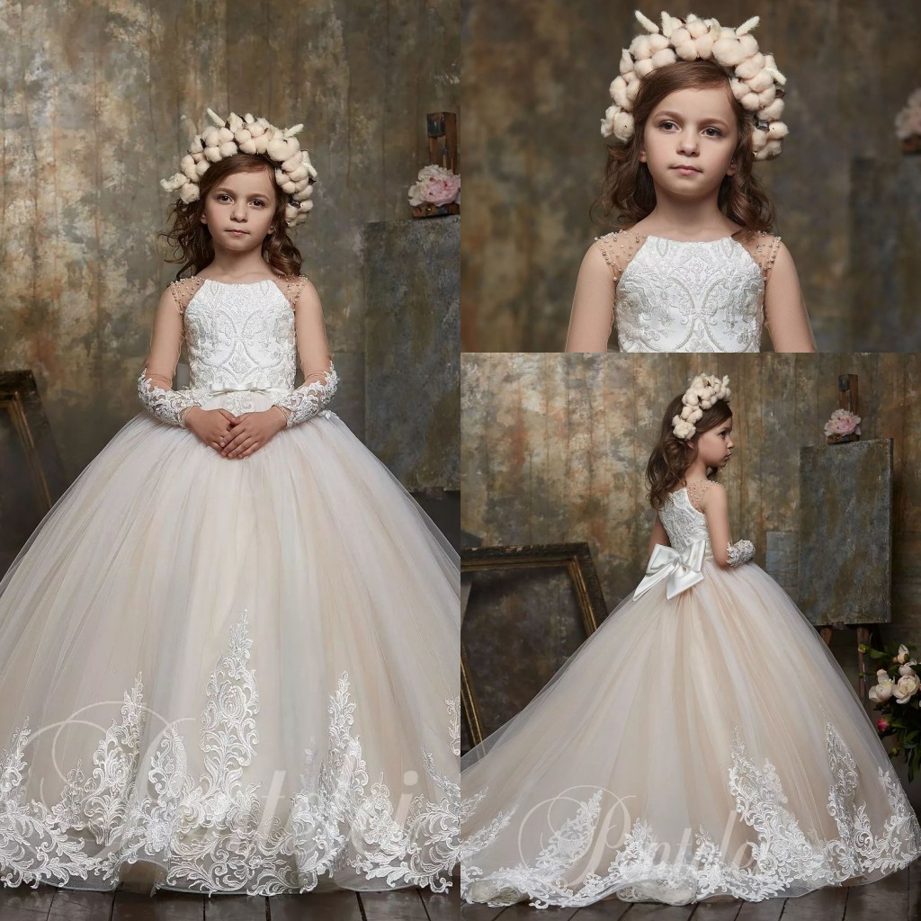 

Ball Gown Flower Girl Dresses For Wedding Lace Appliques Beads First Communion Dress Tulle Custom Made Jewel Neck Girls Pageant Gowns, Same as image