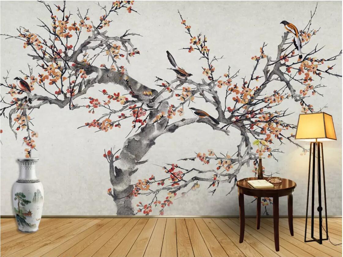 

3d wallpaper custom photo mural New Chinese style hand-painted flowers and birds mural background decorative plum wallpaper for walls 3 d, Light yellow