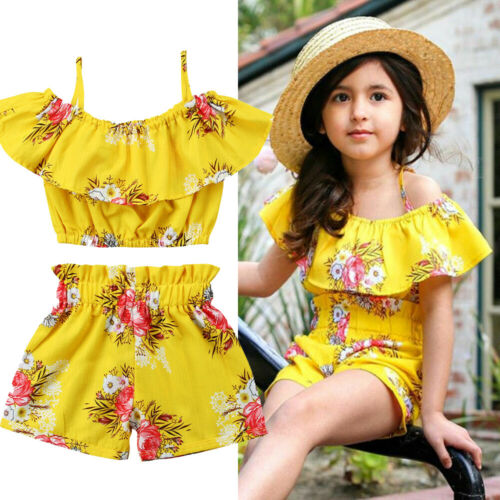 2019 2pcs Toddler Baby Girl Floral Cloth Set Ruffled Top Vest + Shorts Summer Kids Outfits Child Girls Beach Sleeveless Clothes Sets-image-464568981