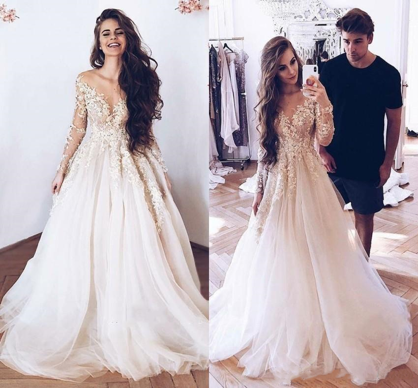 

Custom A Line Wedding Dresses 2020 Plus Size Long Sleeves V Neck Floor Length Beautifully Lace Bridal Gowns Free Shipping robes de mariée, Black