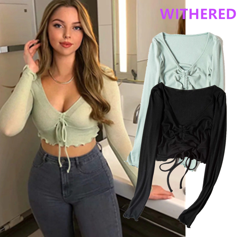 

Withered ins fashion blogger bandage sexy v-neck short crop top summer t shirt women harajuku tshirt camisetas verano mujer 2020, Black