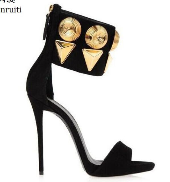 

Summer Faux Suede High Heels Women Sandals Sexy Stiletto Heels Women Shoes Studded Rivet Strap Back Zipper Women Pumps, Black