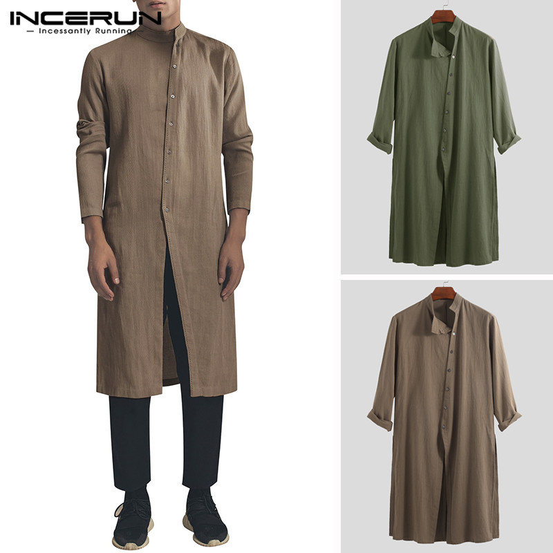 

INCERUN 2019 Cotton Vintage Men Shirt Stand Collar Long Sleeve Button Long Shirts Men Pakistani Muslim Clothes Suit, Army green shirt