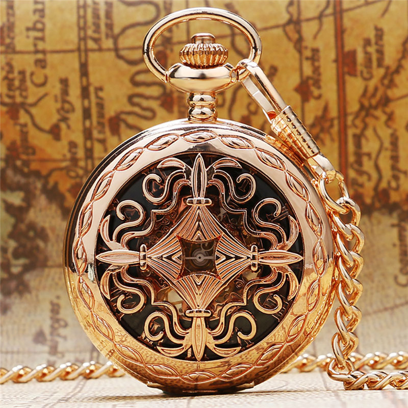 

Luxury Rose Gold Hollow Chinese Grilles Design Pocket Watch Handwind Mechanical Clock Pendant Chain Gift for Women Men Reloj de bolsillo