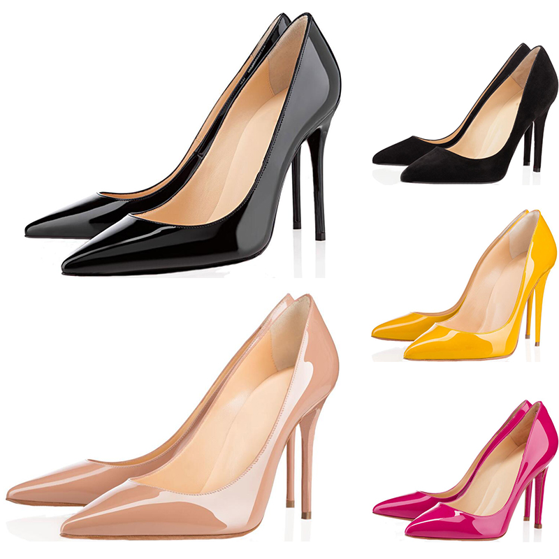 

With box Fashion designer women shoes red bottom high heels 8cm 10cm 12cm Nude black pink Leather Pointed Toes Pumps Dress shoe 35-42, Lotus root starch