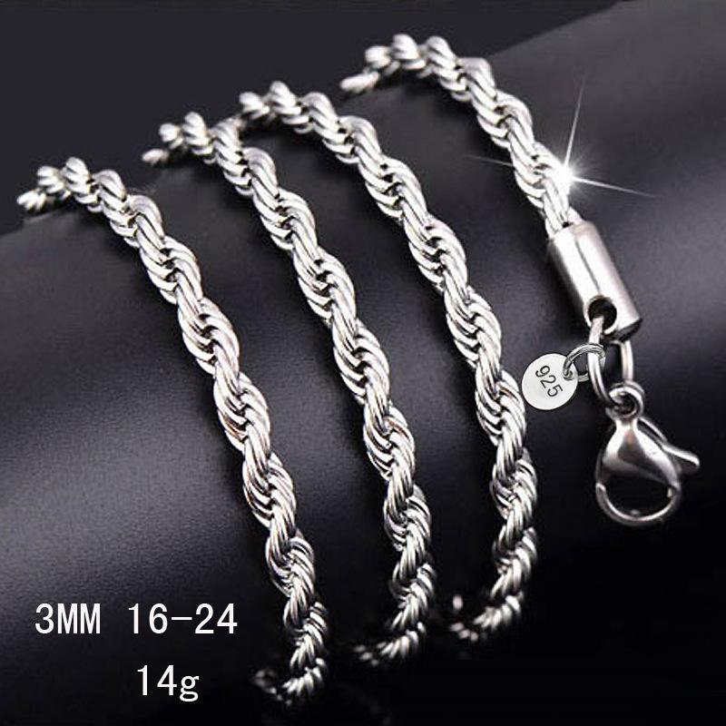 

925 sterling silver 3MM twisted Rope chain Necklaces For Women Men Fashion Jewelry Gift 16 18 20 22 24 26 28 30 inches
