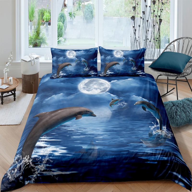 

3D Duvet Cover Sets Quilt Covers Comforter Case Set Bedding Set King Queen Full Double Single Size Bed Linens Blue Sea Dolphin, Nyy162