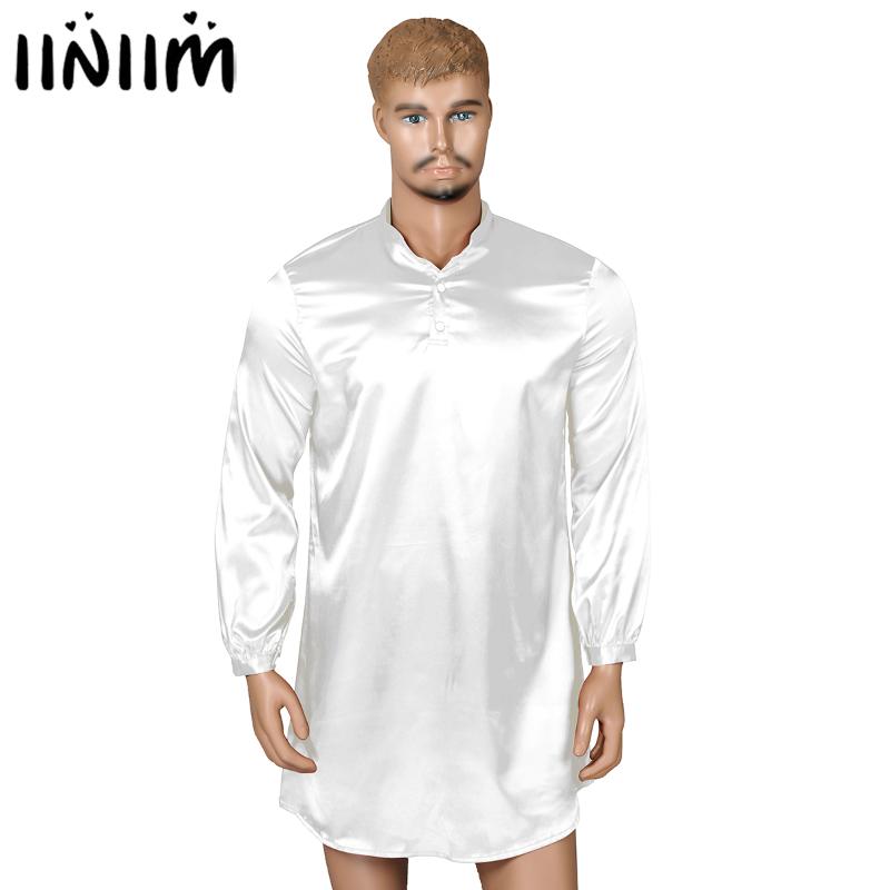 

Male Mens Casual Slip Hommes Shirts Silky Satin Button Down Long Sleeve Sleepwear Solid Color Pajamas Loose Pullover Nightshirt, White