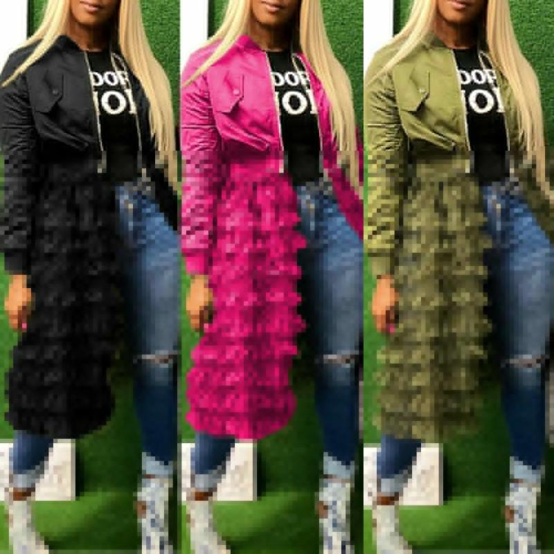 

2xl Women Autumn Casual Zipper Mesh Splicing Cardigan Jacket Coat Long Coat Outwear Tops Sreetwear Clubwear Party Garment, Black