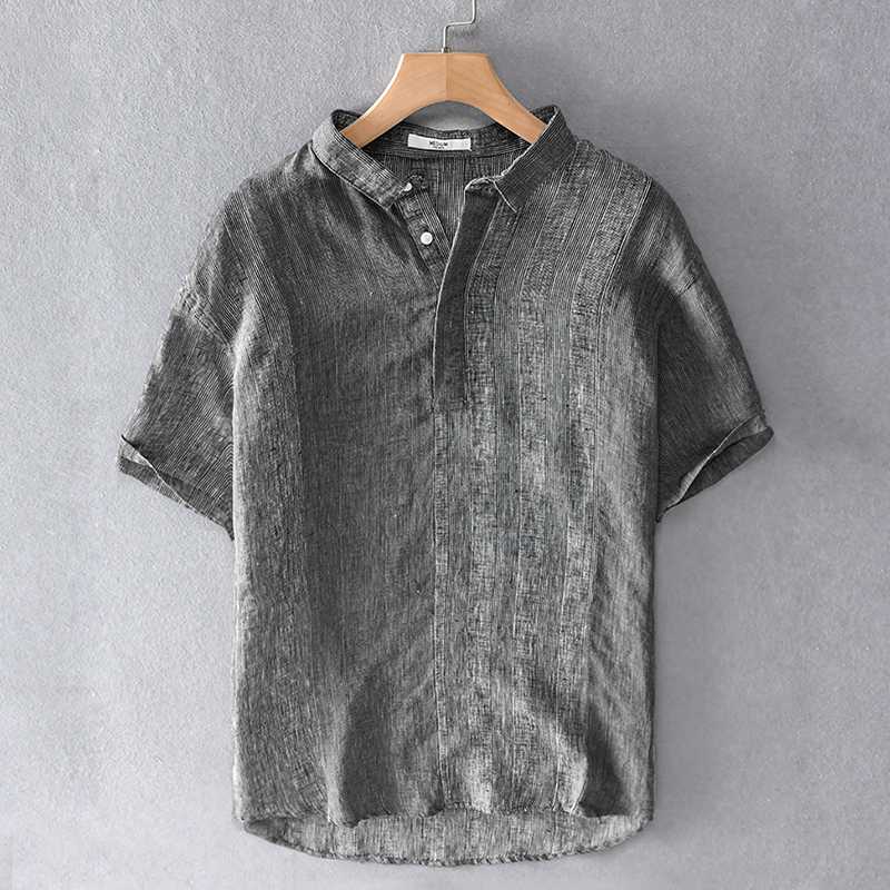 

New style Italy brand 100% linen shirt men summer short sleeve flax shirts for men casual fashion shirt mens breathable overhemd, Khaki