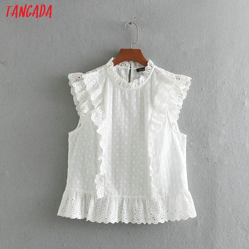 

Tangada women cotton embroidery white blouse ruffles stand neck sleeveless boho chic summer shirt blusas femininas CE122