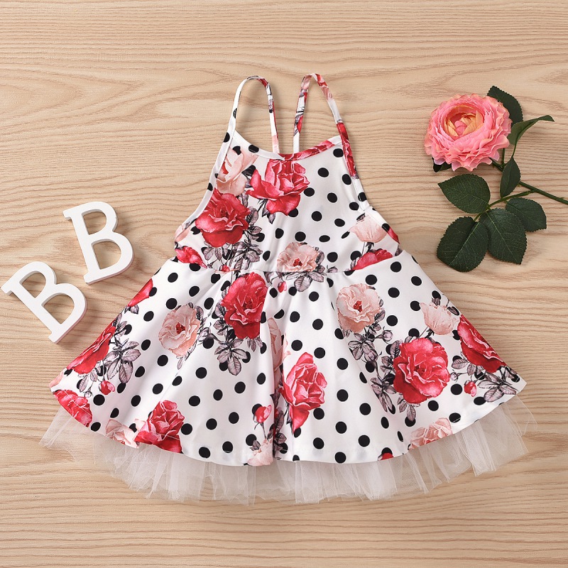 

Girls Casual Dress Summer Children Rose & Polka Dot Print Suspender Mesh Princess Dress, White