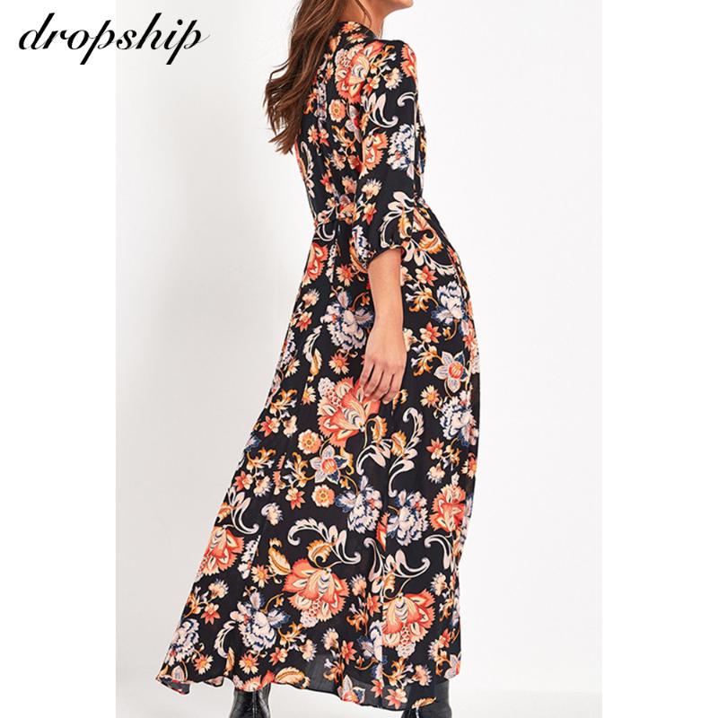 

Dropsip Summer Dress Flower For Women Spring Casual Boho Chiffon Dresses Flower Ladies Ruffle Dress Floral Maxi Summer Casual, Black