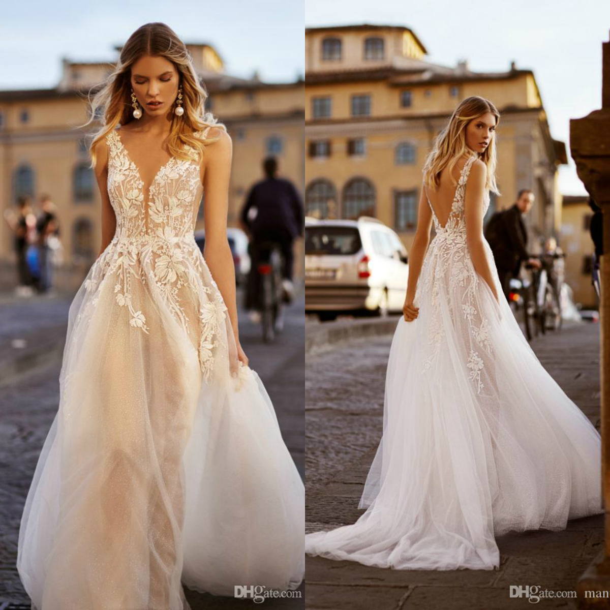 

Chic 2020 Wedding Dresses With Cape Lace Appliqued Beach Boho V Neck Tulle Illusion Bridal Gowns Vestido De Novia, Light sky blue
