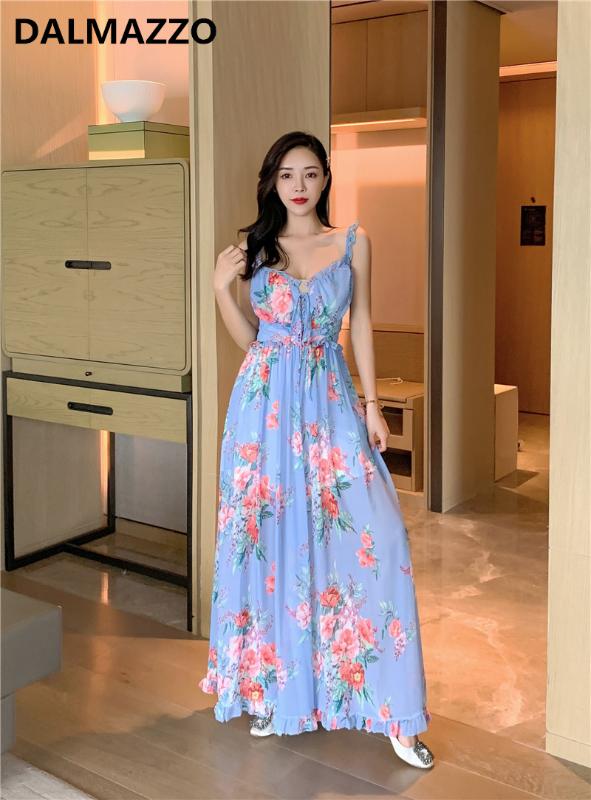 

Retro Chiffon Print Women V Neck Spaghetti Strap Leaky Back Long Dress 2020 Summer Lady Sleeveless Runway Holiday Beach Dresses, Picture color