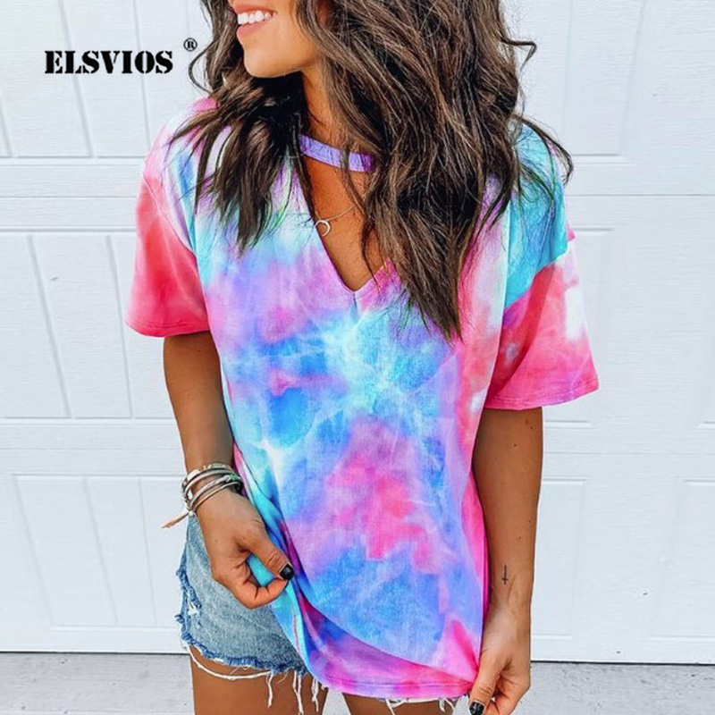 

2020 Summer Sexy Women Tie Dye Print Blouse Shirts Elegant V-neck Short Sleeve Shirt Spring Casual Streetwear Top Blusa Feminina, Orange