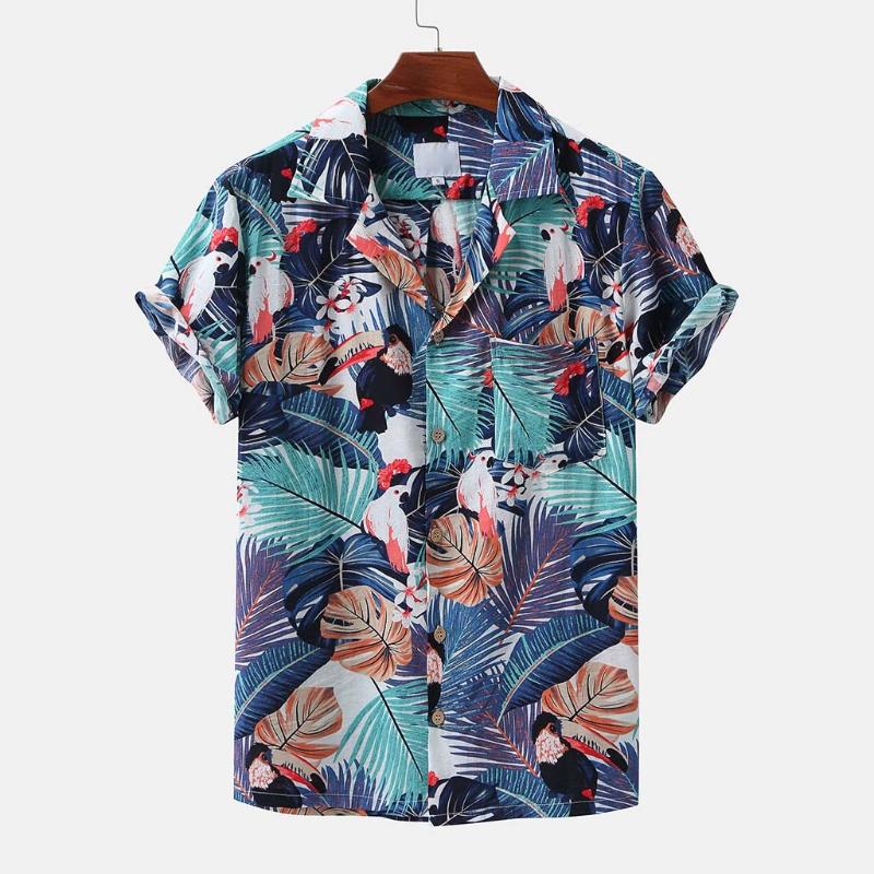 

Feitong Men Shirt Floral Printed Turn Down Collar Short Sleeve Casual Loose Shirts Camisas Men Clothing Chemise Homme, Blue