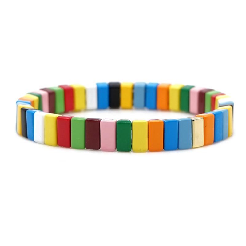 Enamel Rainbow Tile Bracelet Colorful Enameled Elastic Bead Strands Women Stackable Jewelry Dropship-image-508647569