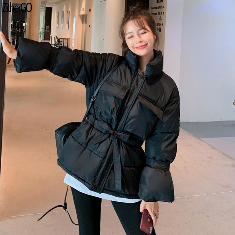

ZitherGo Winter Jacket Women Coat 2019 Short Parkas For Women Warm Flare Sleeve Outwear With Belt 4 Colors Wadded Jackets, Black