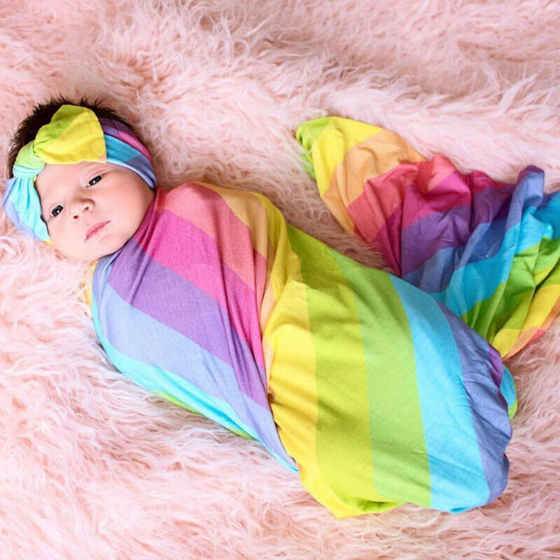 

Newborn Baby Girl Boy Infant Swaddle Muslin Blanket Lovely Swaddle Blanket Wrap Sleeping Bag + Bow Headband Outfits Set