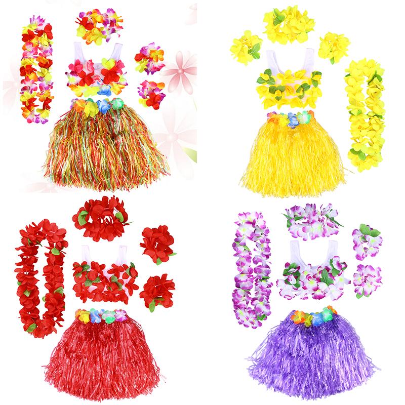 

6Pcs Hawaii Tropical Hula Grass Dance Skirt Kids Flower Leis Bracelets Headband Necklace Bra Set Hawaiian Party Costume, Orange